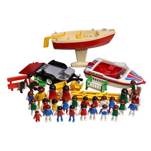 Large Lot Of Vintage Geobra Playmobil Figures - Boats - Horse - Trailer